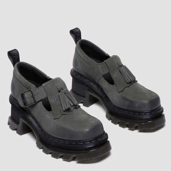 Dr. Martens Shoes - NEW Dr. Martens Corran Waxy Suede Mary Jane Heeled Shoes US 7 Grey Grunge Punk